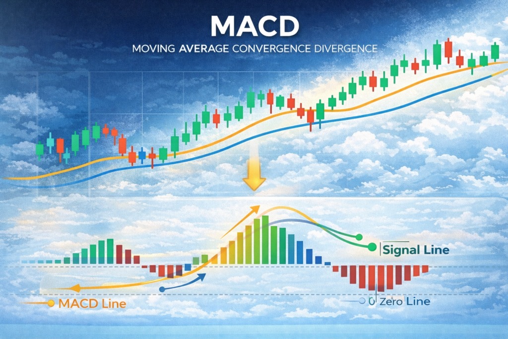 MACD indicator on a price chart showing the MACD line, signal line, and histogram to explain momentum and trend direction