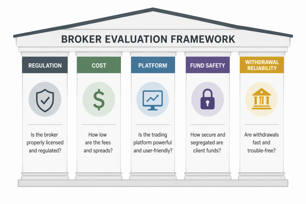best forex brokers evaluation framework showing regulation cost platform fund safety and withdrawal reliability