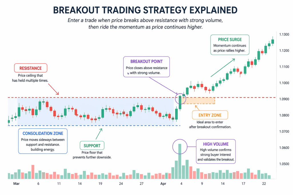 breakout trading strategy chart showing consolidation, resistance, breakout point and entry zone with volume confirmation