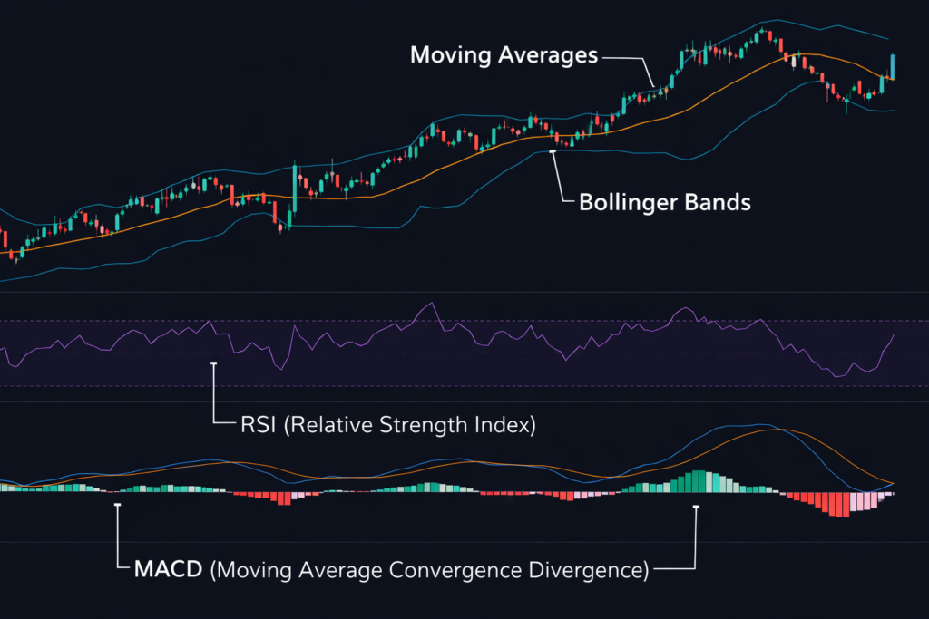 trading indicators example chart showing RSI MACD moving average and bollinger bands for beginners