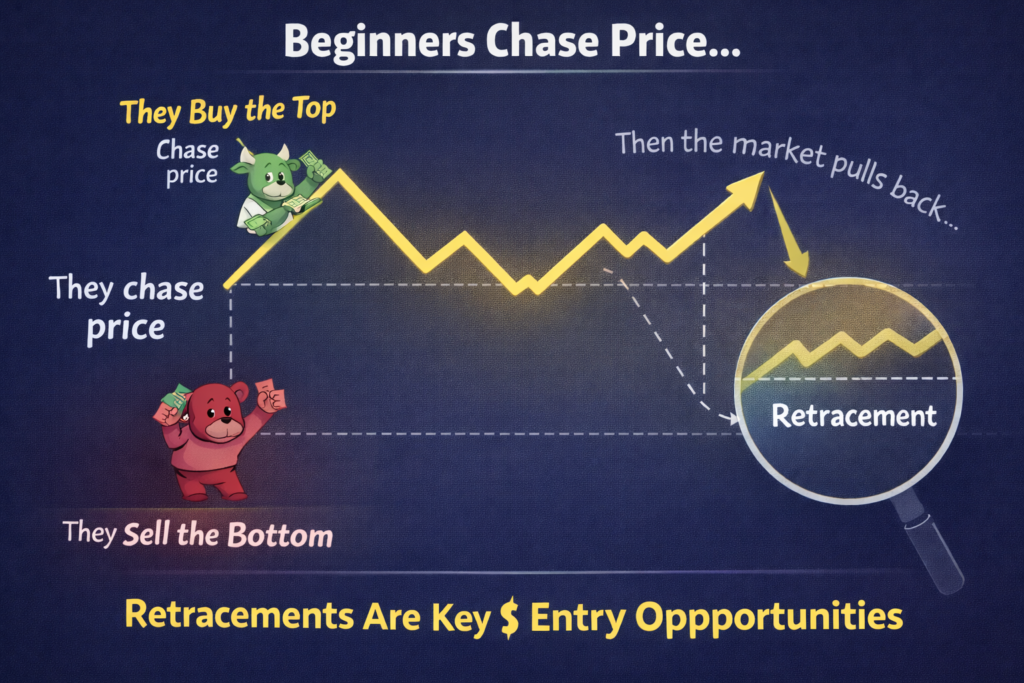 retracement in trading example showing beginners buying the top selling the bottom before price pulls back in a trend