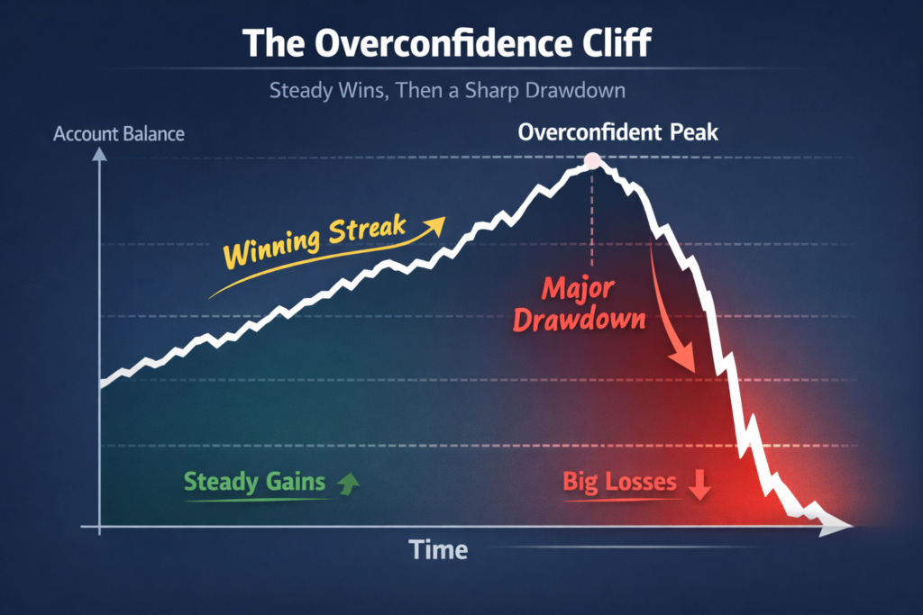equity curve showing overconfidence cliff in trading psychology with steady gains followed by sharp drawdown due to overleveraging