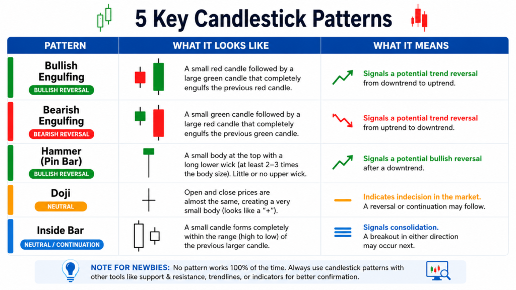 Trading Basics for Beginners: How Trading Works and Key Terms Explained 5 key candlestick patterns for beginners: bullish engulfing, bearish engulfing, hammer, doji and inside bar
