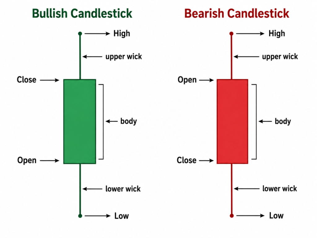 Trading Basics for Beginners: How Trading Works and Key Terms Explained bullish and bearish candlestick anatomy explained with ohlc and wick labels