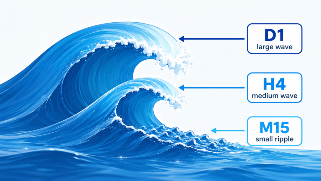Trading Basics for Beginners: How Trading Works and Key Terms Explained trading basics: d1 h4 m15 trading timeframe wave analogy