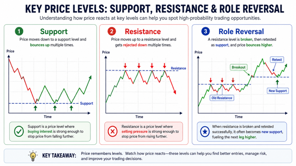 Trading Basics for Beginners: How Trading Works and Key Terms Explained Support and resistance chart with multiple bounces rejections and a role reversal example