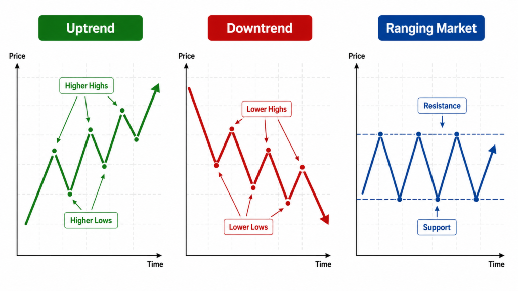 Trading Basics for Beginners: How Trading Works and Key Terms Explained Uptrend, downtrend and ranging market chart examples showing higher highs, higher lows, lower highs, lower lows, support and resistance