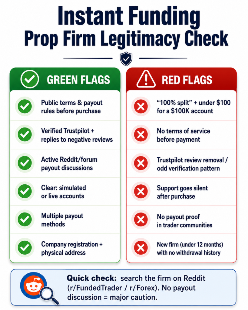 instant funding prop firms red flag and green flag