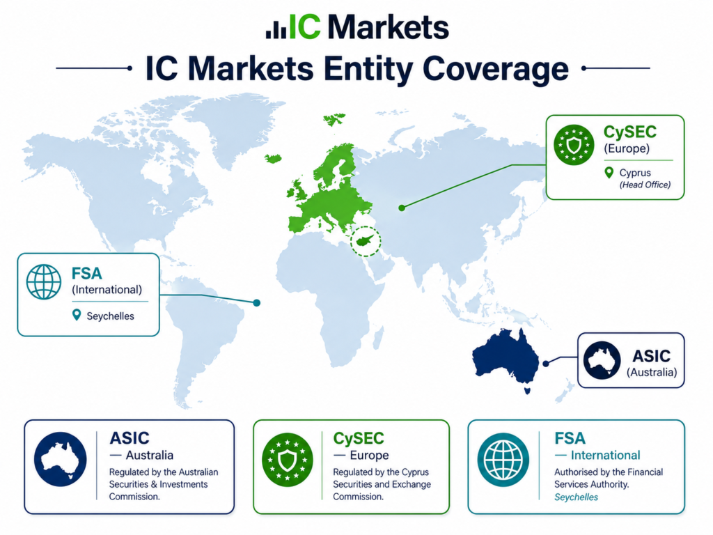 world map showing ic markets entity coverage asic (australia), cysec (europe), fsa (international)]