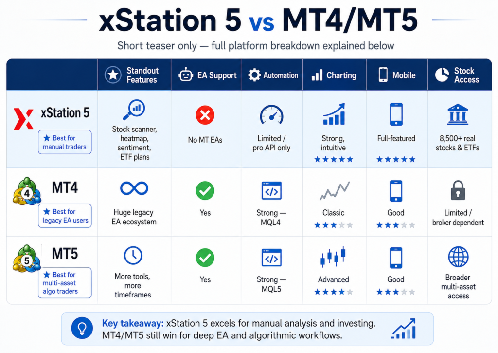xtb broker review xstation 5 vs mt4 mt5 comparison table