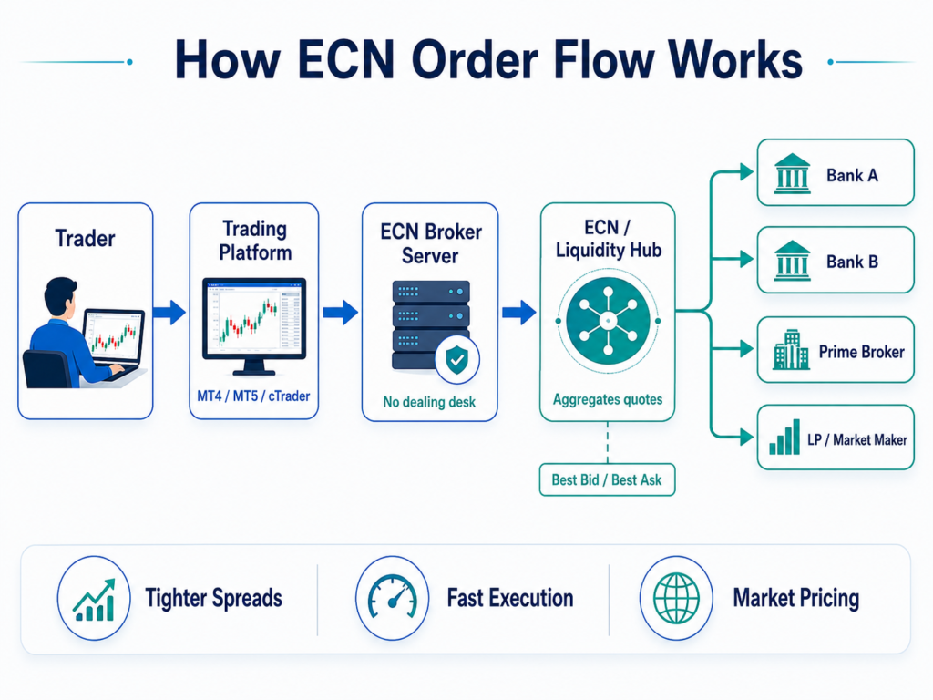 ecn forex broker a visual diagram of the order flow from the trader through the ecn to liquidity providers