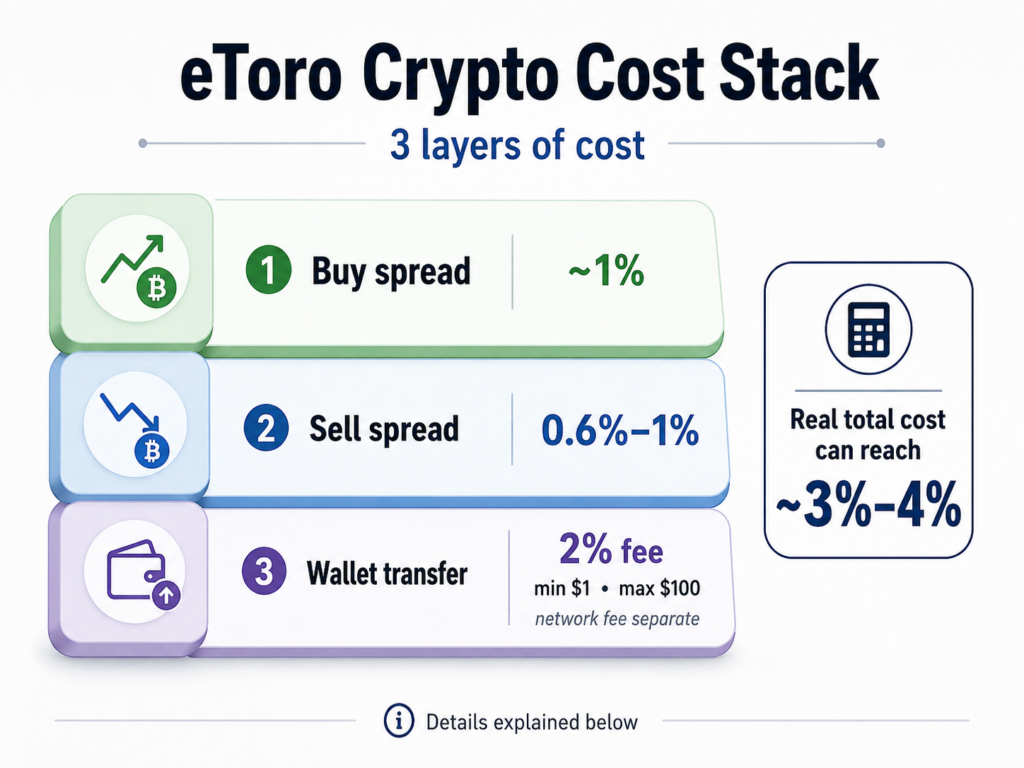 etoro fees diagram illustrating the three cumulative layers of crypto fees buy spread sell spread and wallet transfer fees