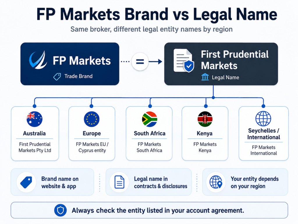 FP Markets Review 2026: Low-Cost Broker or Hidden Trade-Offs? fp markets review diagram illustrating the relationship between the fp markets brand and the legal name first prudential markets across regional legal entities