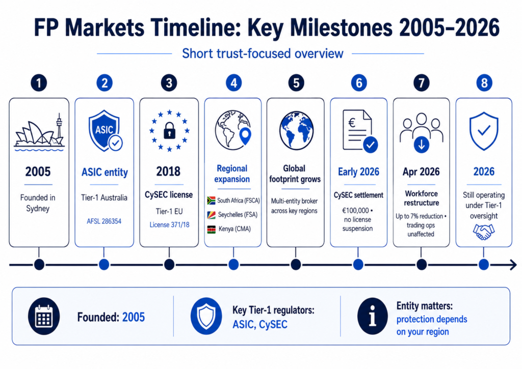 FP Markets Review 2026: Low-Cost Broker or Hidden Trade-Offs? fp markets review timeline of key events for fp markets from 2005 to 2026