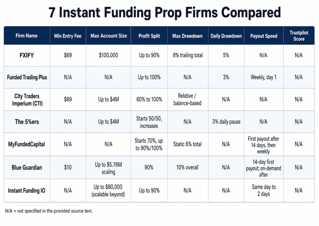 instant funding prop firms comparison