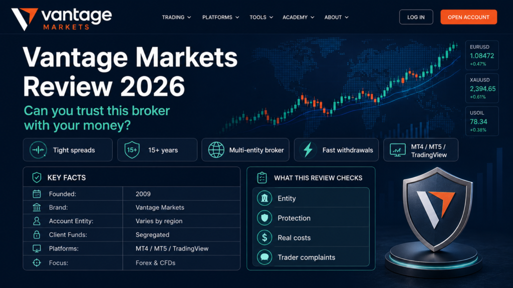 vantage markets review homepage interface featuring the logo and management dashboard